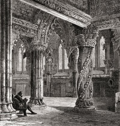 Interior of Roslin Chapel, with the Apprentice Pillar, from 